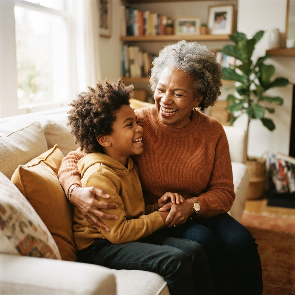 A grandmother laughing joyfully with her grandson